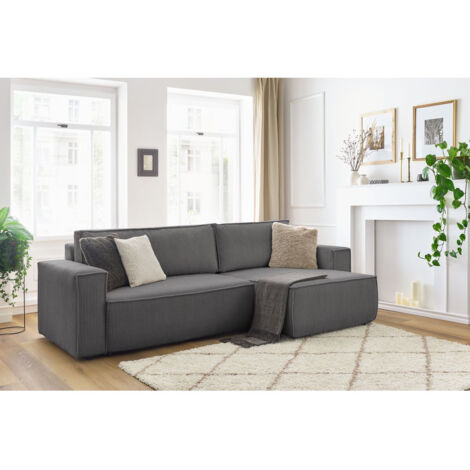 Bobochic – Canapé d'angle réversible convertible coffre – Velours côtelé gris foncé – 4 places – Longueur 282 cm – Style vintage