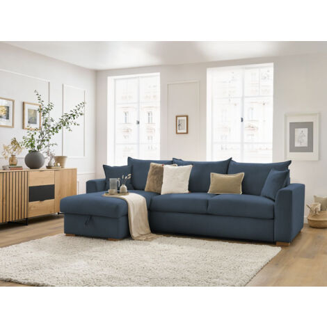BOBOCHIC - Canapé d'angle réversible convertible ouverture express AUGUSTIN velours côtelé  140x200 Bleu foncé