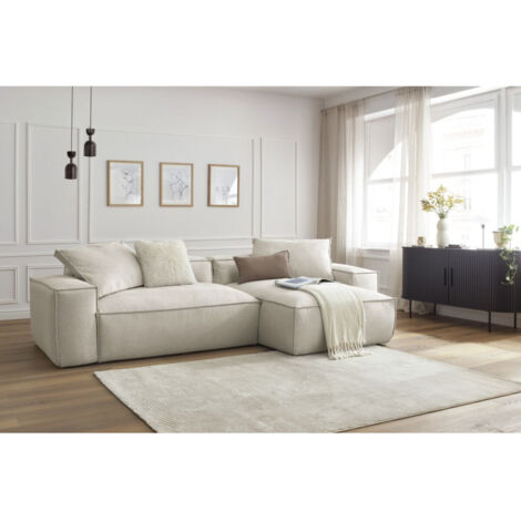 Bobochic – Canapé d'angle réversible ultra moelleux 3 places – Tissu chiné beige – Structure en bois de hêtre et pin – Confort optimal
