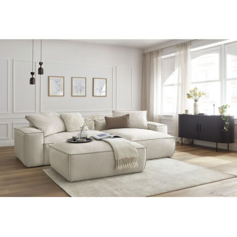 BOBOCHIC - Canapé d'angle réversible ultra moelleux BOHEME tissu chiné avec pouf Réversible  Beige