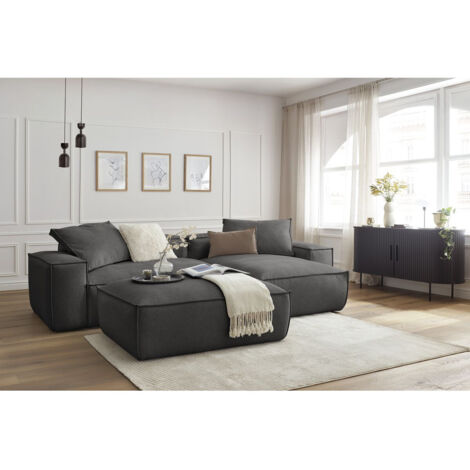 BOBOCHIC - Canapé d'angle réversible ultra moelleux BOHEME tissu chiné avec pouf Réversible  Gris foncé