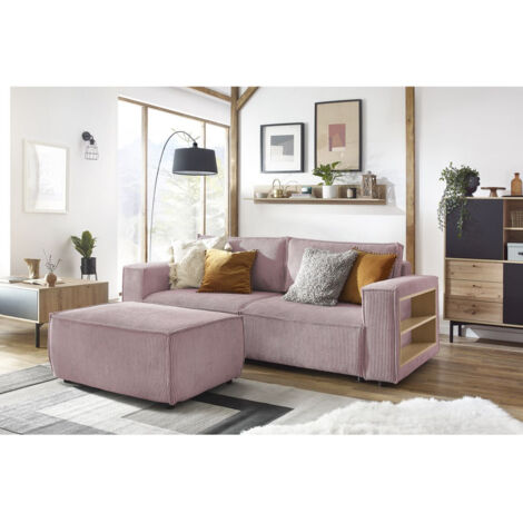 Bobochic – Canapé droit convertible 3 places avec coffre et tablette – Velours côtelé violet – Dimensions 245x102x74cm – Inclus pouf polyvalent