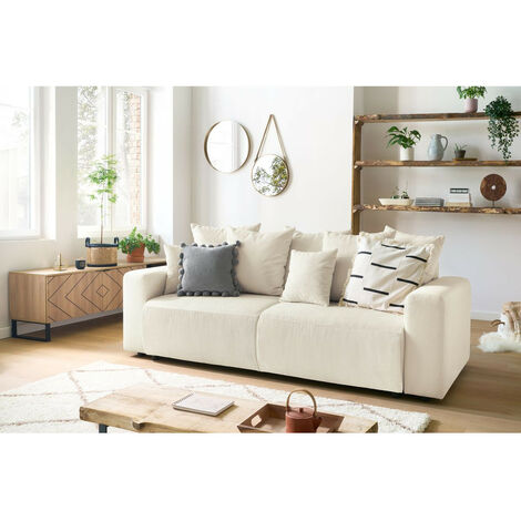 Bobochic – Canapé droit convertible 3 places avec coffre – Velours côtelé beige – Longueur 245 cm – Largeur de couchage 152 cm – Style bord de mer