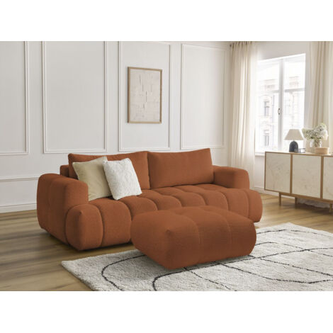 BOBOCHIC - Canapé droit convertible 3 places FUJI tissu bouclette avec pouf   Orange