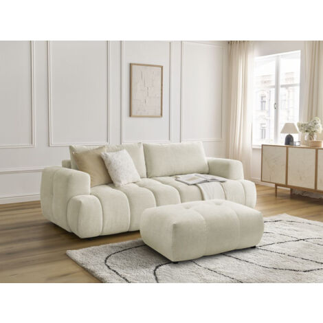 BOBOCHIC - Canapé droit convertible 3 places FUJI tissu lisse avec pouf   Beige