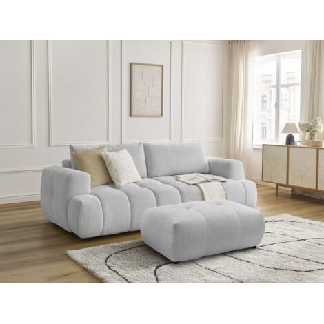 BOBOCHIC - Canapé droit convertible 3 places FUJI tissu lisse avec pouf   Gris clair