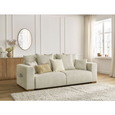 Bobochic – Canapé droit convertible 3 places – Velours côtelé beige – Coffre de rangement – Transformable en couchage – Design moderne
