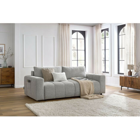 Bobochic – Canapé droit convertible coffre 3 places – Tissu chiné gris clair – Longueur 248 cm – Largeur de couchage 190 cm – Garnissage mousse HD