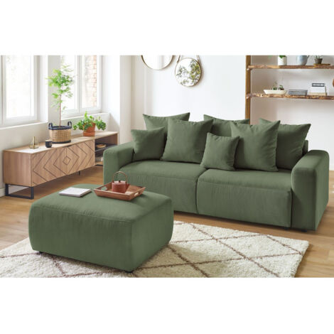 Bobochic – Canapé droit convertible coffre 3 places – Velours côtelé vert – Dimensions 245x102cm – Couchage 190x152cm – Design bord de mer