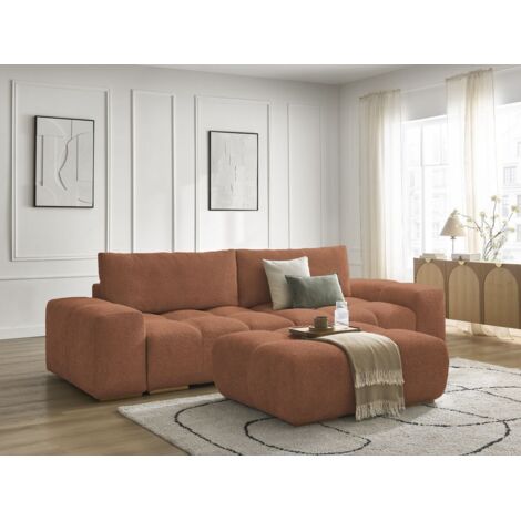 BOBOCHIC - Canapé droit convertible coffre ANAKIN tissu bouclette avec pouf   Orange