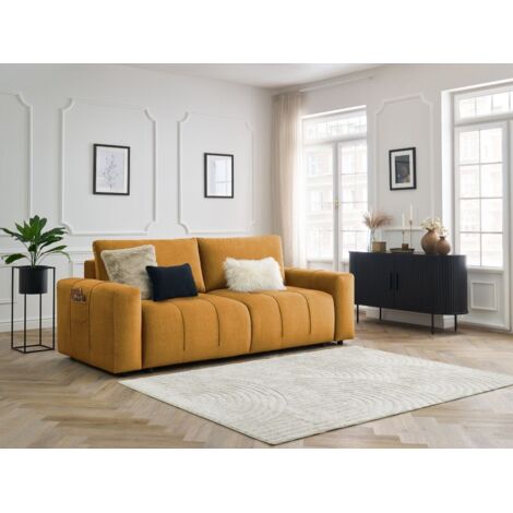 BOBOCHIC - Canapé droit convertible coffre ARSENE tissu velours   Jaune