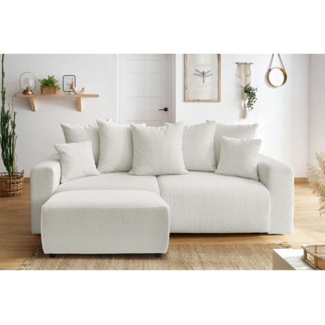 BOBOCHIC - Canapé droit convertible coffre ENVY tissu bouclette doux avec pouf rectangulaire   Blanc