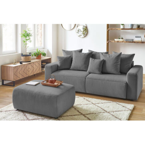 BOBOCHIC - Canapé droit convertible coffre ENVY velours côtelé avec pouf   Gris foncé