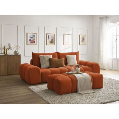 BOBOCHIC - Canapé droit convertible coffre EVEREST tissu texturé avec pouf   Orange