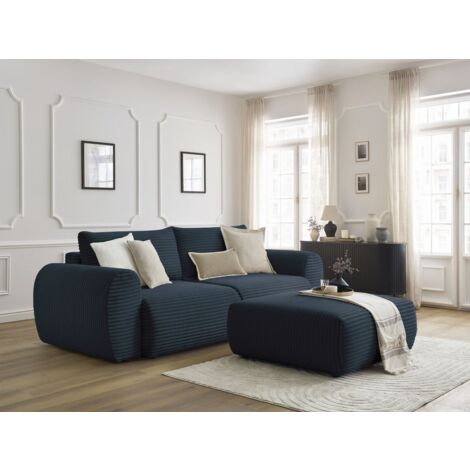 BOBOCHIC - Canapé droit convertible coffre LUCIEN gros côtelé doux avec pouf   Bleu foncé
