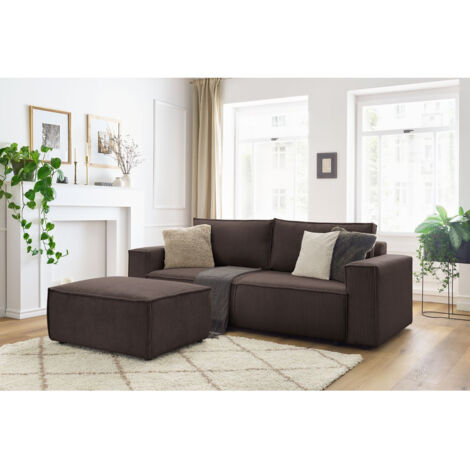 BOBOCHIC - Canapé droit convertible coffre NIHAD velours côtelé avec pouf Marron