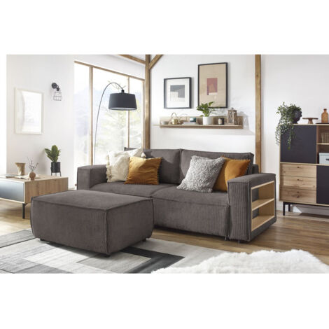 BOBOCHIC - Canapé droit convertible coffre tablette NIHAD velours côtelé avec pouf Marron