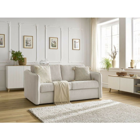 BOBOCHIC - Canapé droit convertible LENNY ouverture express 2 plis velours côtelé   Beige