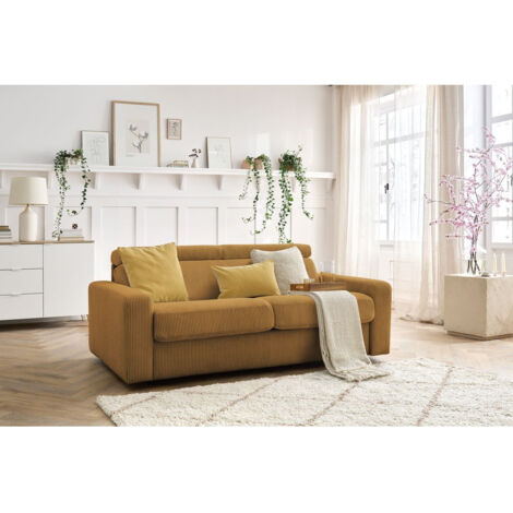 BOBOCHIC - Canapé droit convertible MONACO ouverture express velours côtelé  140x190 Jaune