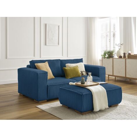 BOBOCHIC - Canapé droit fixe 2 places CHELSEA gros côtelé doux avec pouf   Bleu foncé