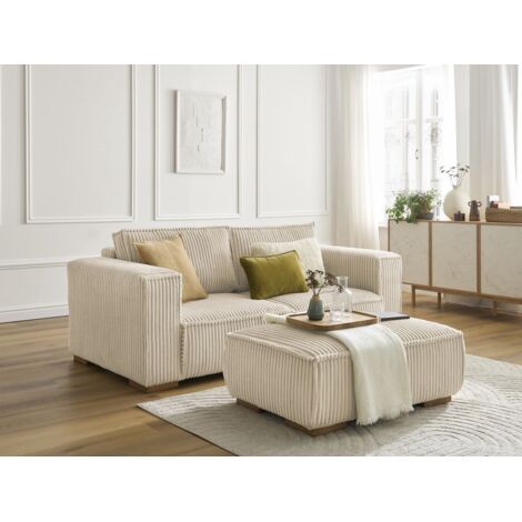 BOBOCHIC - Canapé droit fixe 2 places CHELSEA gros côtelé doux avec pouf   Taupe