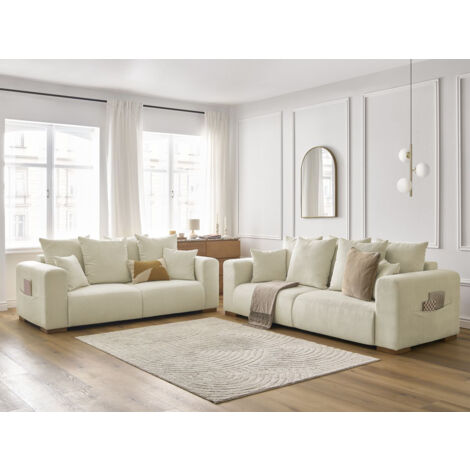 Bobochic – Canapé droit fixe 2 places en velours côtelé beige – Confort équilibré – Large accoudoirs arrondis – Pieds en bois massif