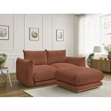 BOBOCHIC - Canapé droit fixe 2 places ERNEST tissu velours côtelé avec pouf   Orange