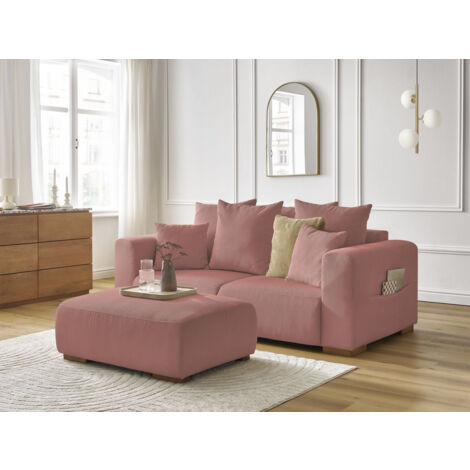 BOBOCHIC - Canapé droit fixe 2 places SIDONIE velours côtelé avec pouf   Rose