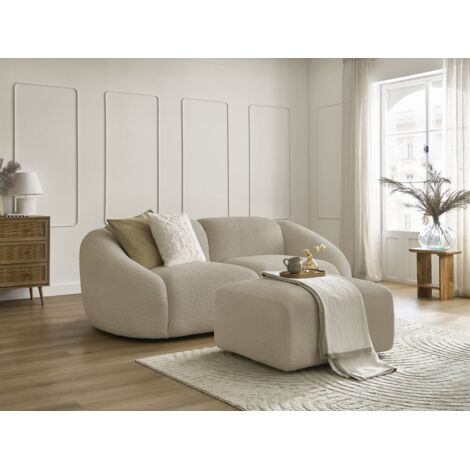 BOBOCHIC - Canapé droit fixe 2 places TINA tissu bouclette avec pouf   Beige
