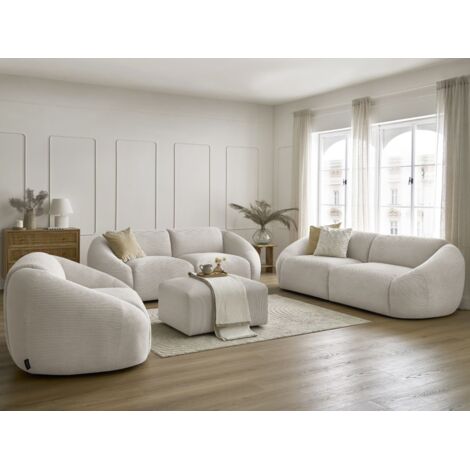 Bobochic – Canapé droit fixe 3 + 2 places avec fauteuil et pouf – Revêtement velours côtelé beige – Design moderne – Confort équilibré