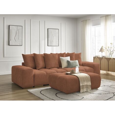 BOBOCHIC - Canapé droit fixe 3 places ANAKIN tissu bouclette avec pouf Orange