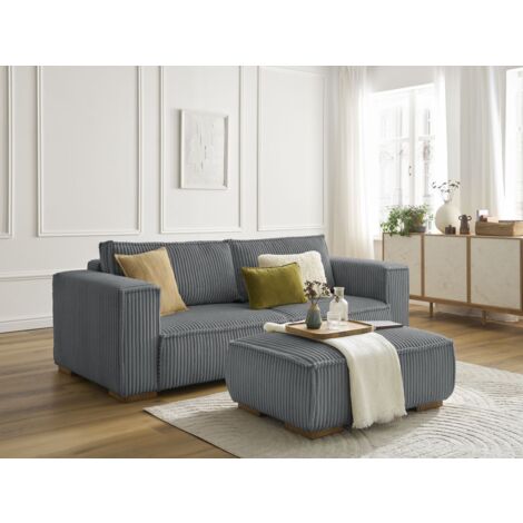BOBOCHIC - Canapé droit fixe 3 places CHELSEA gros côtelé doux avec pouf   Gris foncé