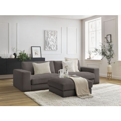 BOBOCHIC - Canapé droit fixe 3 places compact LEONARD velours côtelé avec pouf Marron