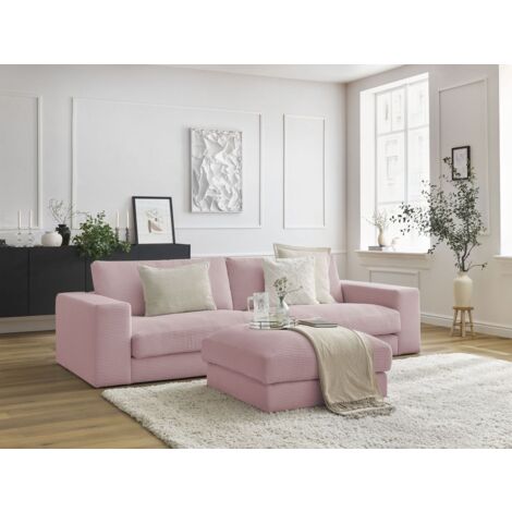 BOBOCHIC - Canapé droit fixe 3 places compact LEONARD velours côtelé avec pouf   Violet