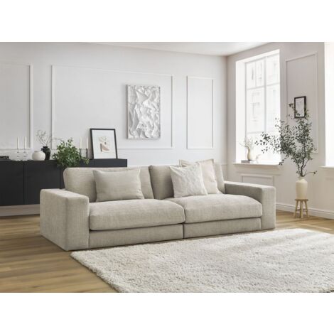 Bobochic – Canapé droit fixe 3 places compact – Tissu texturé beige – Structure en pin et hêtre – Confort moelleux avec coussins en silicone