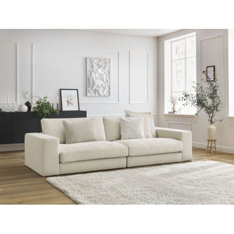 Bobochic – Canapé droit fixe 3 places compact velours côtelé beige – Structure en pin et hêtre – Confort moelleux avec coussins en silicone – Dimensions 234x109x77cm