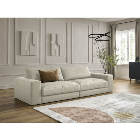 Bobochic – Canapé droit fixe 3 places en cuir de vache beige – Structure en pin et hêtre – Dossier avec coussins en silicone – Confort optimal