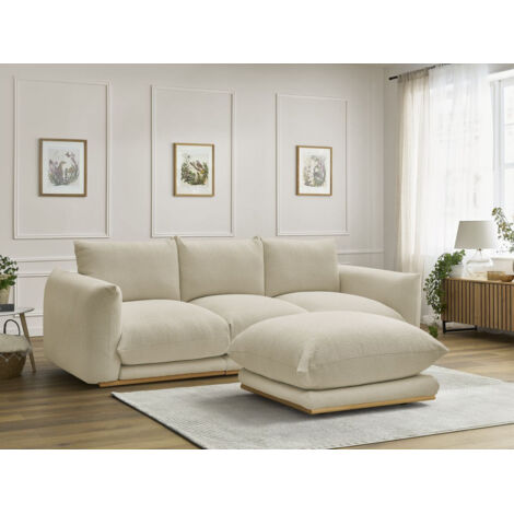 BOBOCHIC - Canapé droit fixe 3 places ERNEST tissu bouclette avec pouf   Beige