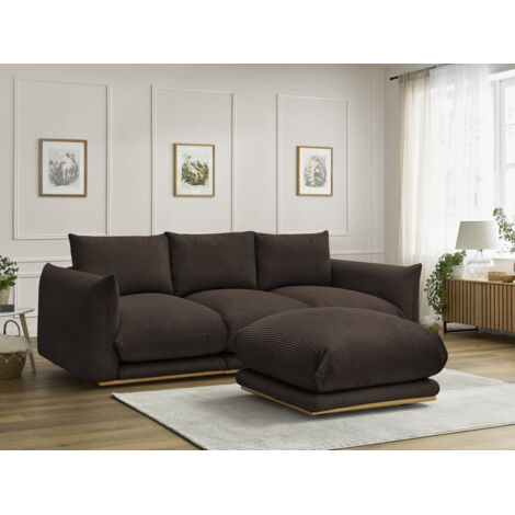 BOBOCHIC - Canapé droit fixe 3 places ERNEST tissu velours côtelé avec pouf Marron