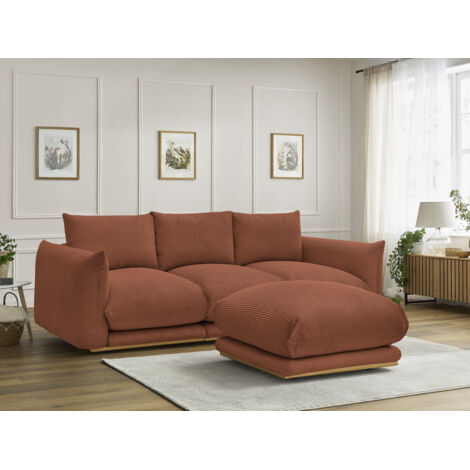 BOBOCHIC - Canapé droit fixe 3 places ERNEST tissu velours côtelé avec pouf   Orange