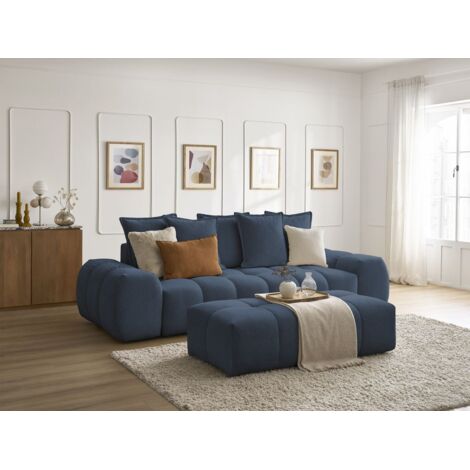 BOBOCHIC - Canapé droit fixe 3 places EVEREST tissu chiné avec pouf   Bleu foncé