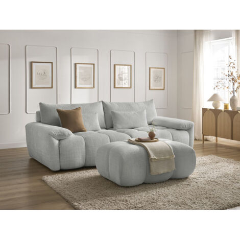 BOBOCHIC - Canapé droit fixe 3 places IVANE tissu texturé avec pouf   Gris clair