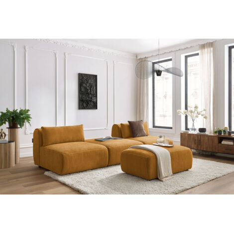 BOBOCHIC - Canapé droit fixe 3 places JEANNE avec pouf tissu texturé   Jaune