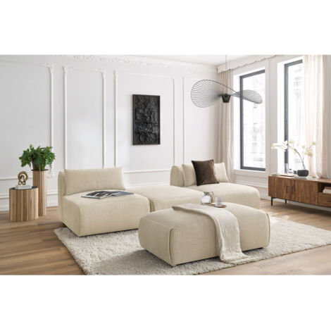 BOBOCHIC - Canapé droit fixe 3 places JEANNE avec pouf tissu velours Beige