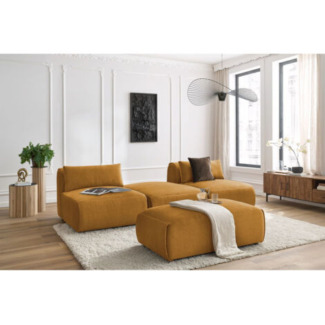 BOBOCHIC - Canapé droit fixe 3 places JEANNE avec pouf tissu velours   Jaune