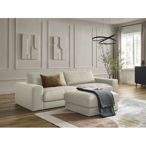 BOBOCHIC - Canapé droit fixe 3 places LEONARD cuir de vache avec pouf   Beige