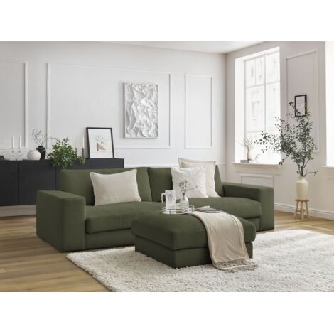 BOBOCHIC - Canapé droit fixe 3 places LEONARD velours côtelé avec pouf   Vert clair