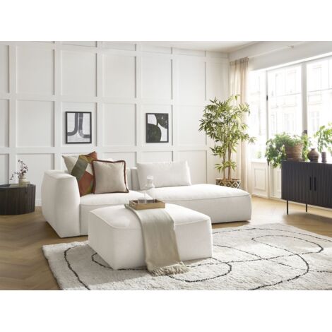 BOBOCHIC - Canapé droit fixe 3 places LEOPOLD tissu chiné avec pouf Accoudoir gauche  Blanc