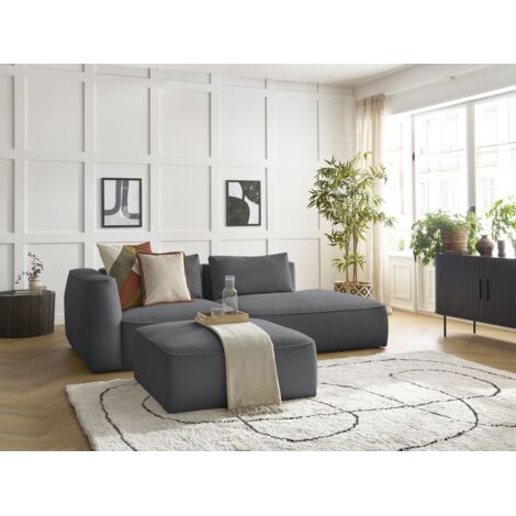 BOBOCHIC - Canapé droit fixe 3 places LEOPOLD velours côtelé avec pouf Accoudoir gauche  Gris foncé