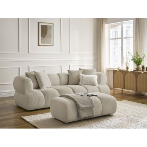 BOBOCHIC - Canapé droit fixe 3 places PAMIRA tissu bouclette avec pouf   Beige